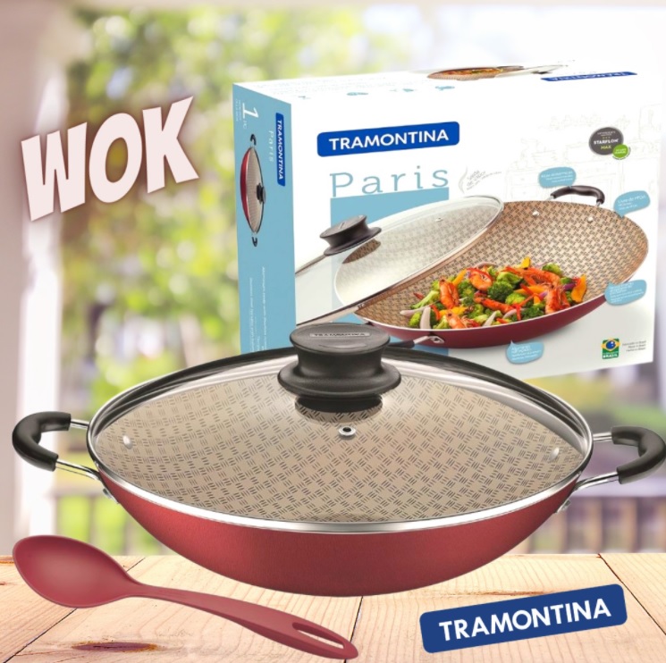 Panela Wok Tramontina Paris Antiaderente Tampa de Vidro 32cm 4,4 L com Colher Vermelha