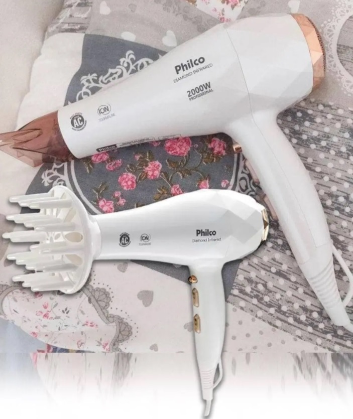 Secador de Cabelo Philco Diamond Infrared PSC13 – Branco com Íons Tourmaline 2000W 2 Velocidades