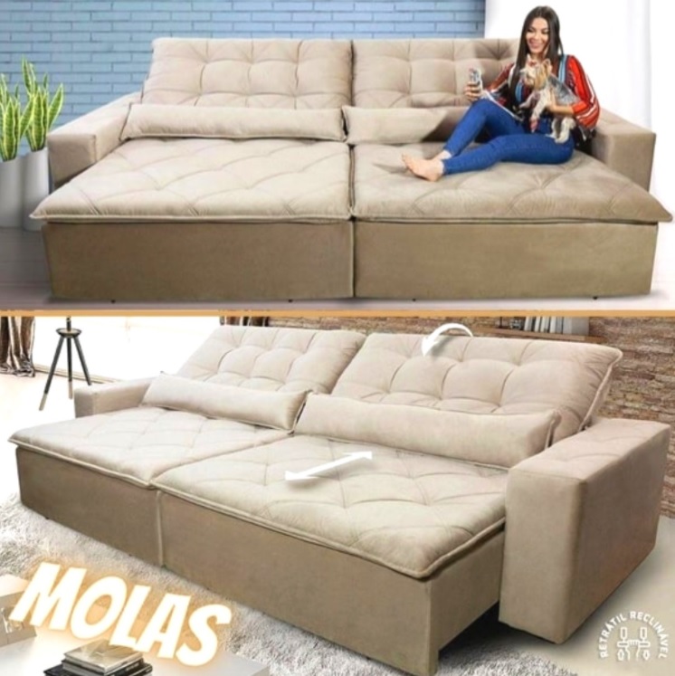 Sofá Retrátil/Reclinável Islândia 2,50m Suede Velut Bege c/ Molas no Assento – King House