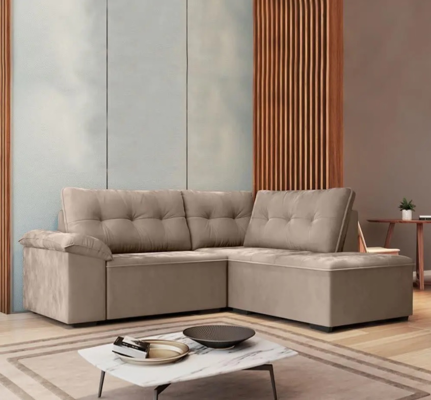 Sofá De Canto Retrátil 5 Lugares Tóquio Macchiato Veludo Cor Marrom-claro