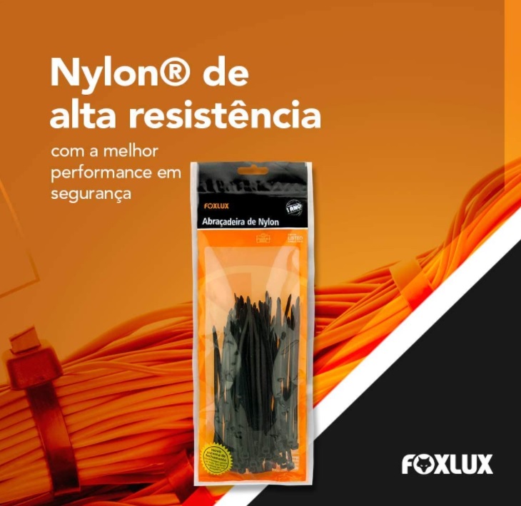 Abraçadeira Foxlux – Nylon – 100 x 2,5mm – Proteção UV – Embalagem Ziploc – Pacote com 100 unidades – Preta