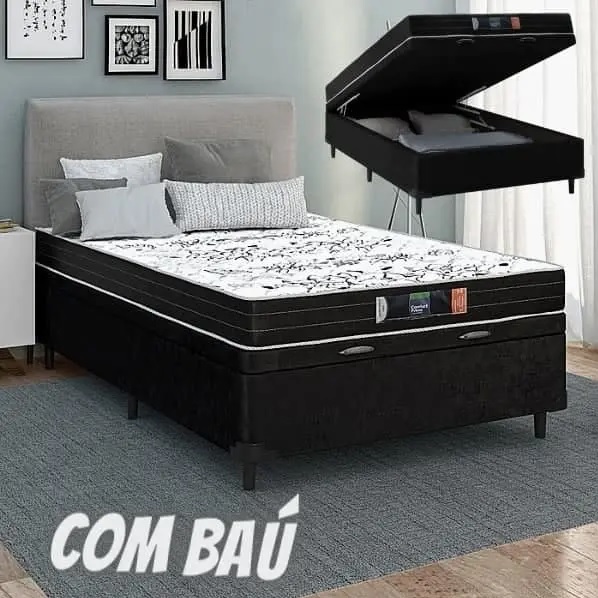 Cama Box Casal Baú Colchão de Espuma Semi Ortopédico Extra Firme Resistente Cinza 138x188x52cm