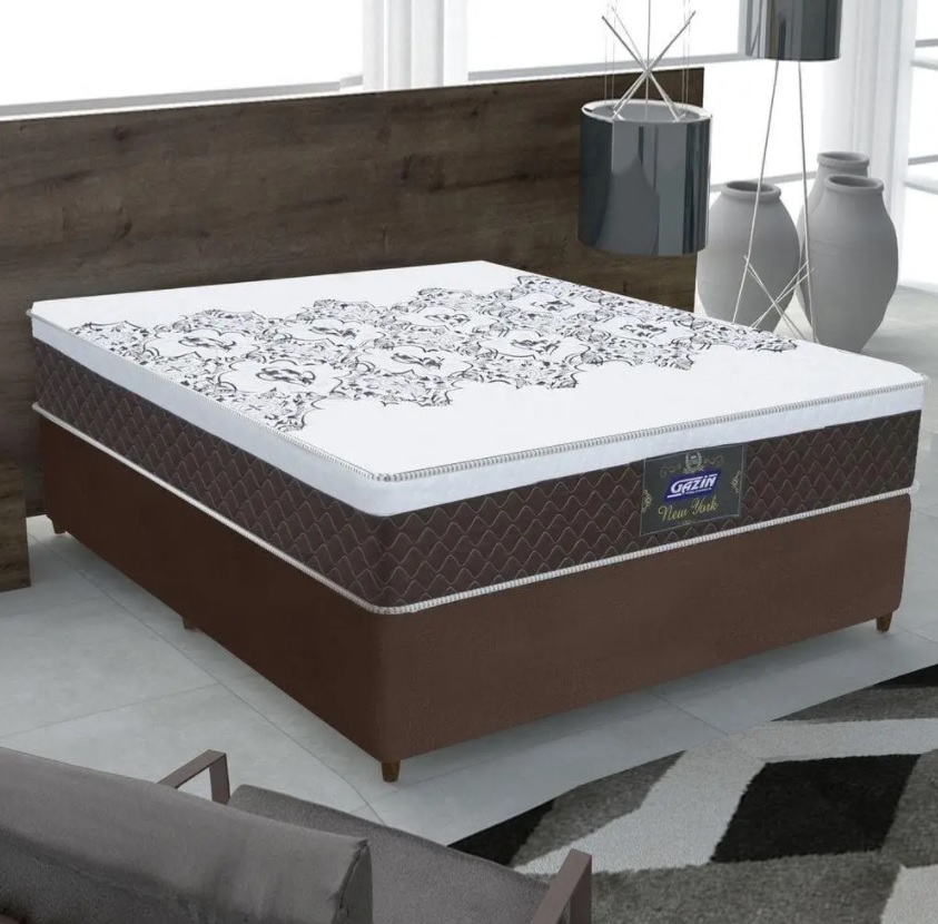 Cama Box Casal Colchão Molas Ensacadas com Euro IN New York Marrom / Branco