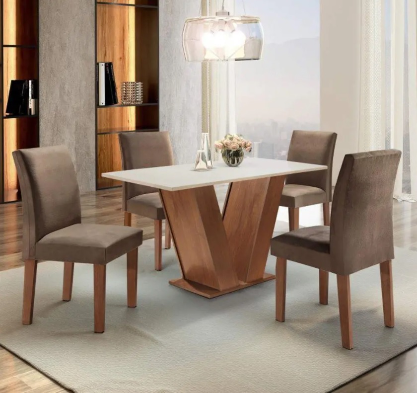 Conjunto Sala de Jantar Mesa Tampo MDF 4 Cadeiras