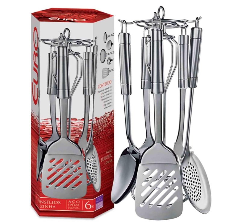 Conjunto Utensílios para Cozinha com Suporte Giratório 6 Peças, Inox, Euro