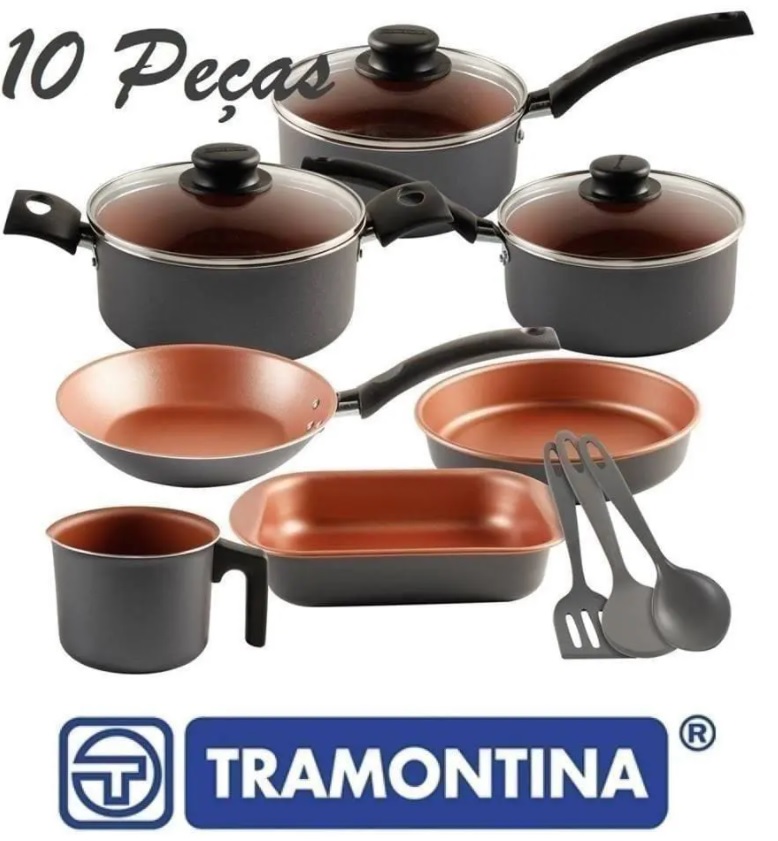 Conjunto de Panelas 10 Peças Tramontina Turim com Revestimento Antiaderente Starflon T1, Tampas de Vidro e Cabos de Baquelite – Bronze/Grafite