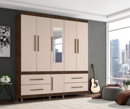Guarda-roupa Casal com Espelho 6 Portas 4 Gavetas – Araplac Viseu Glass