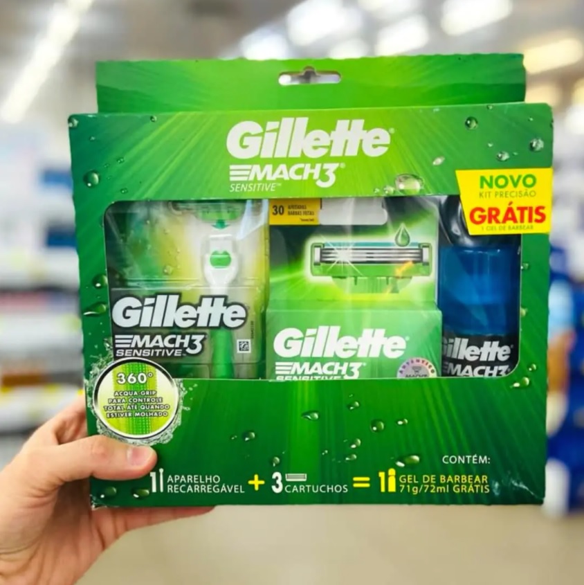 Kit Aparelho de Barbear Gillette Mach3 Acqua-Grip – Sensitive 2 Cargas Gel Mach3 Complete Defense 72ml ou Kit de Barbear Gillette – Mach3 Aqua-Grip