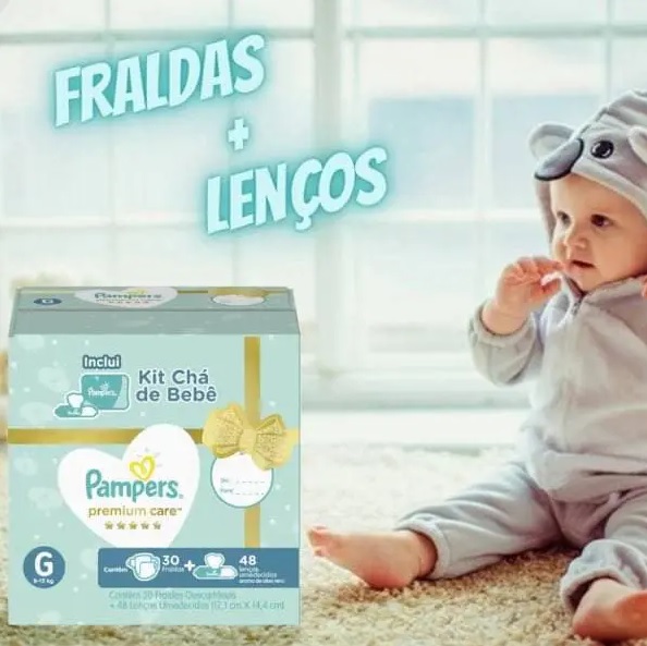 Kit Fraldas Pampers Chá de Bebê Tam. G 9 a 13kg – com 30 Unidades com 48 Lenços Umedecidos