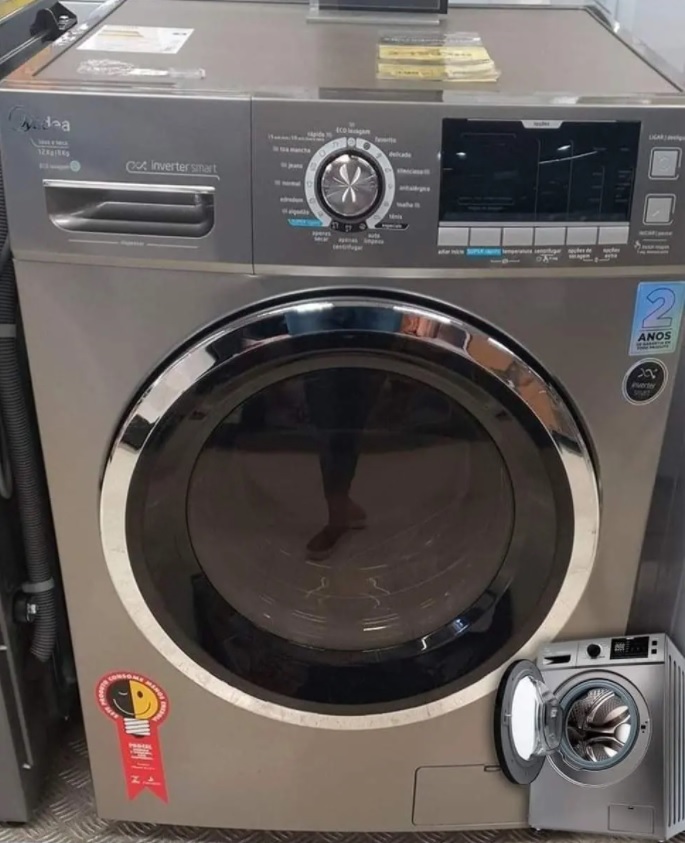 Lava e Seca Prata 10,2kg Storm Wash Inverter Tambor 4D, Grafite Metálico, Midea