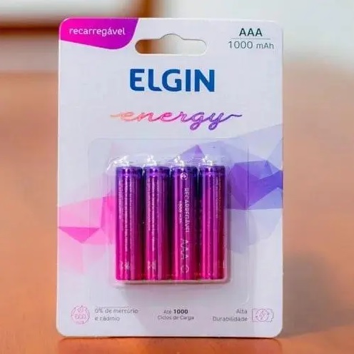 Pilha Recarregável AAA Blister Com 4 Pilhas, Elgin, Baterias, 1000mAh