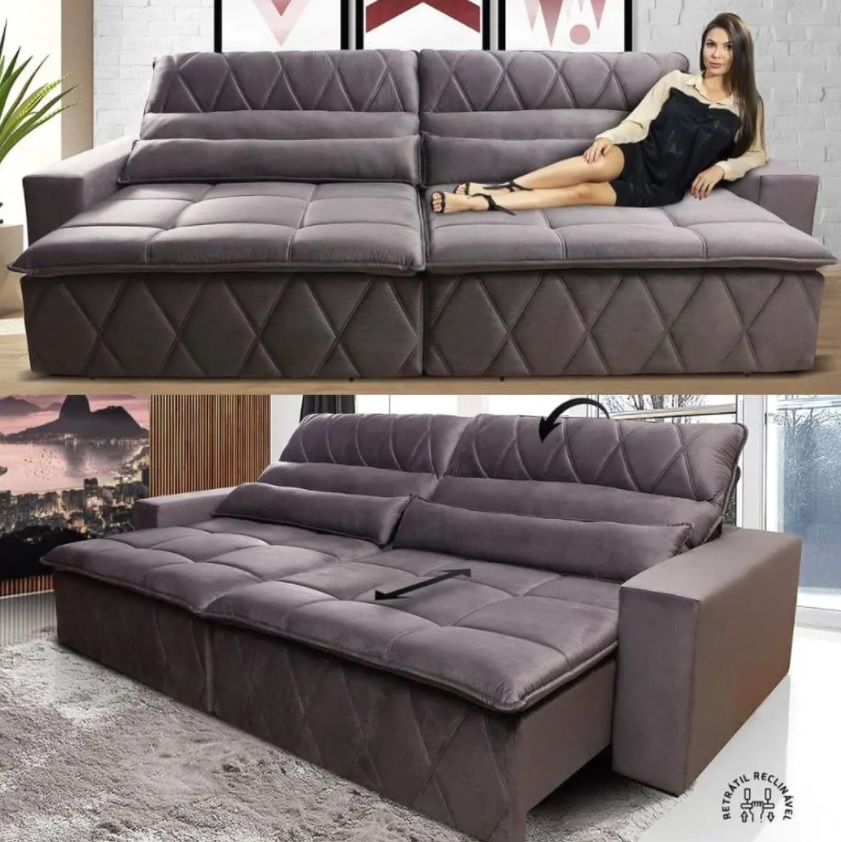 Sofá Retrátil/Reclinável Amsterdam 2,50m Suede Velut Cinza c/ Molas no Assento – King House