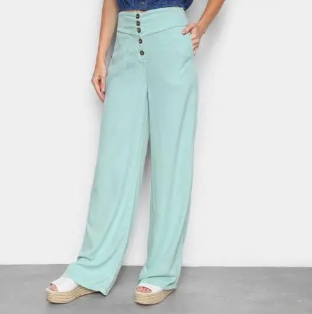 Calça Pantalona Cambos Com Bolsos E Botões Cintura Alta Feminina