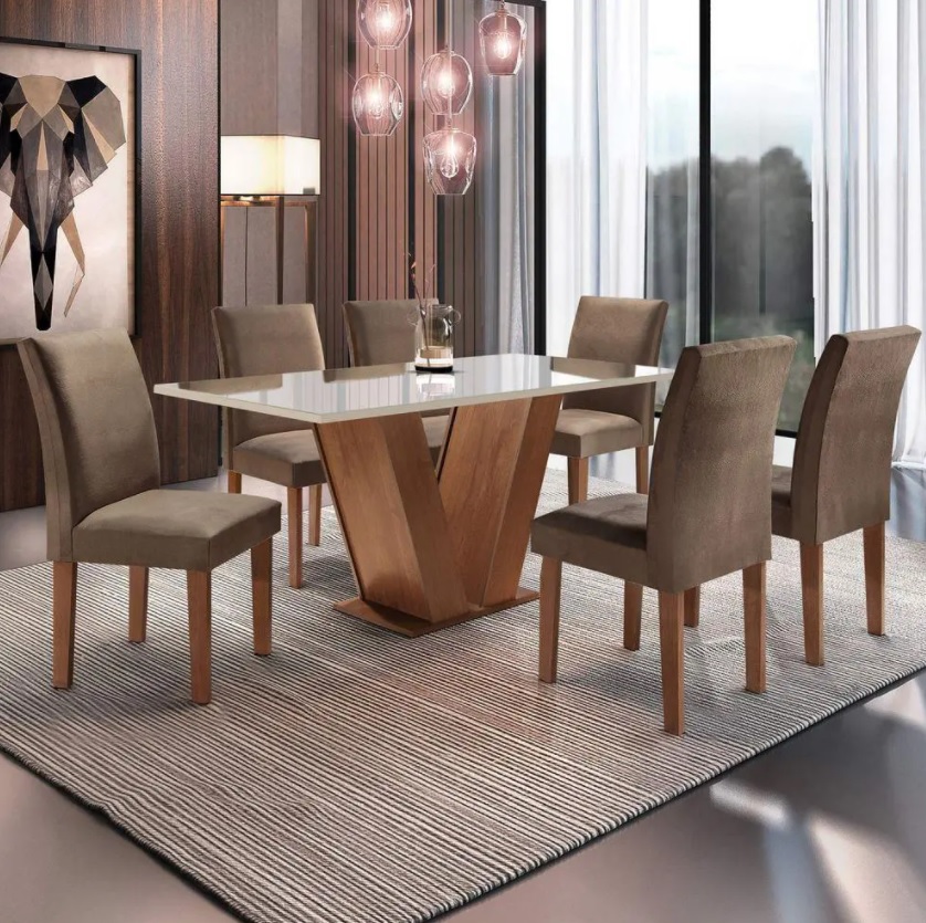 Conjunto Sala de Jantar Mesa Tampo de Vidro 6 Cadeiras Espanha Yescasa Chocolate Marrom
