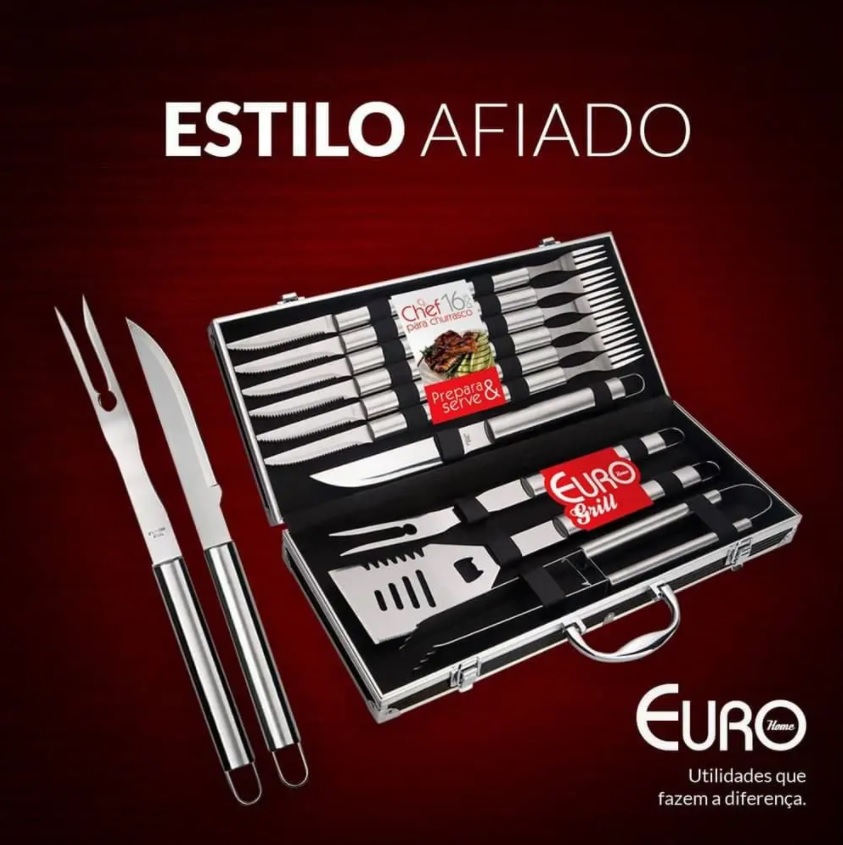 Conjunto para Churrasco Chef com Maleta 16 Peças, Euro, BBQ6108, Euro Home