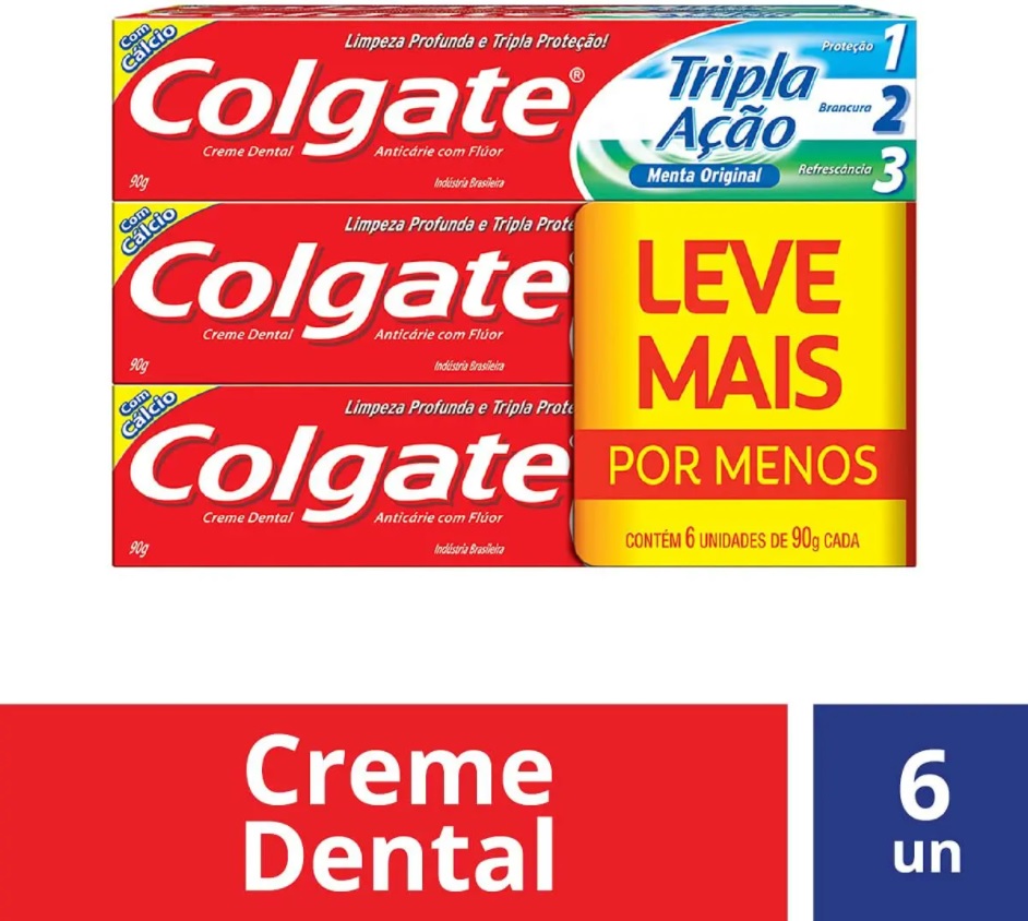 Creme Dental Colgate Tripla Ação Menta 90g, pacote com 6 unidades, Colgate