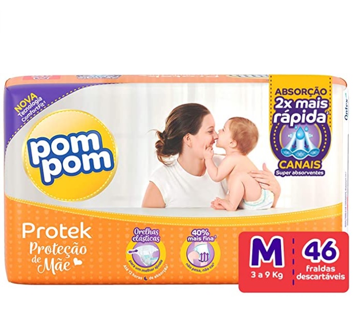 Fralda PomPom Protek Proteção de Mãe, M, Mega, pacote de 46 – Embalagem Pode Variar