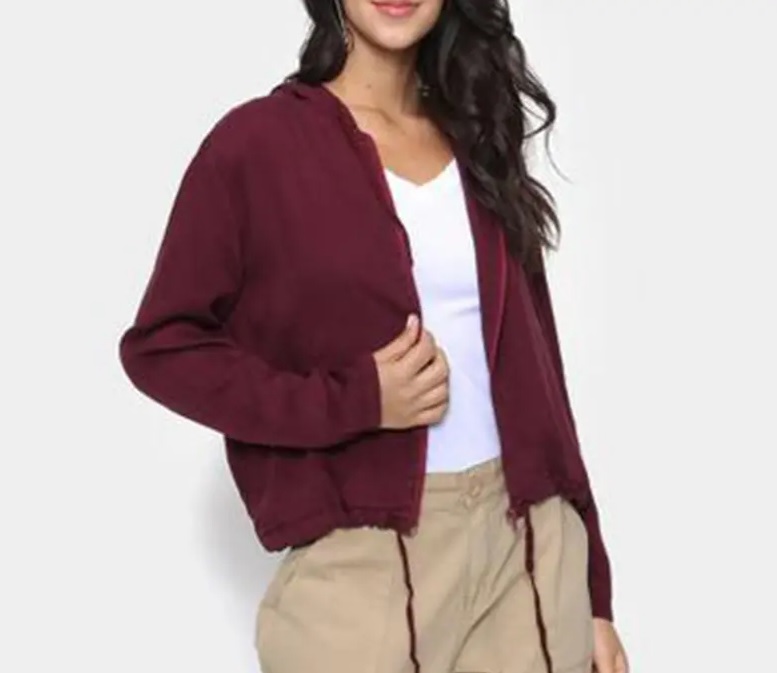 Jaqueta Sarja Cambos Cropped Com Capuz Feminina