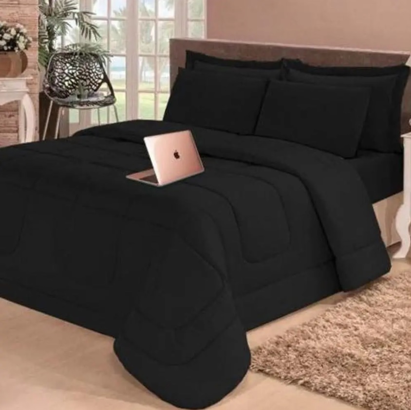 Kit 6 Pçs Edredom Dupla Face Casal Queen com Lençol Preto Cotex