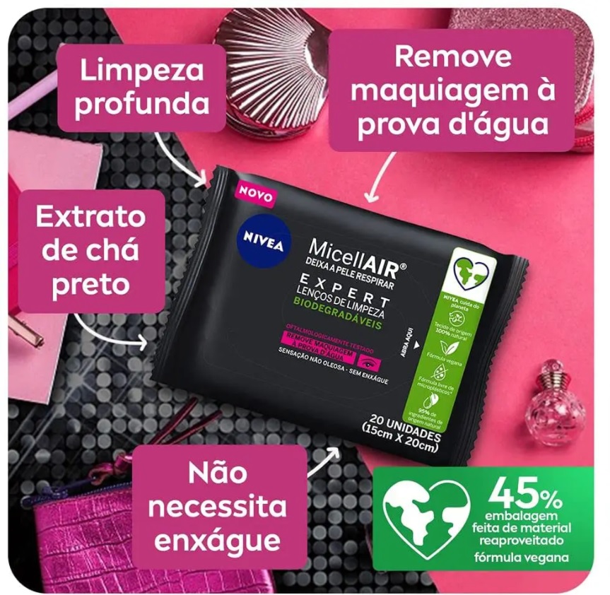 Lenços de Limpeza Demaquilantes Micelar NIVEA MicellAIR Expert 20 unidades, Nivea