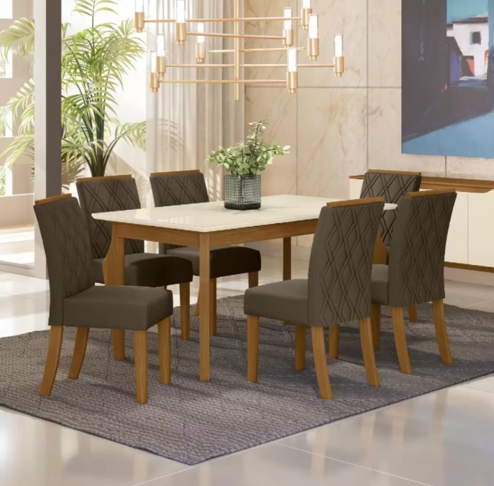 Mesa de Jantar 6 Cadeiras Retangular – Tampo de Vidro Henn Marisa