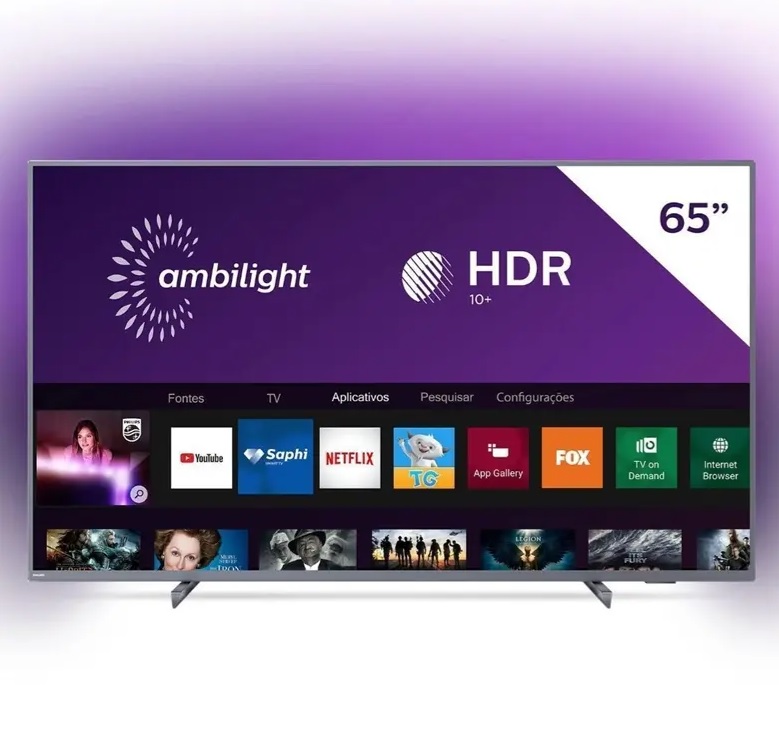 Smart Tv Led 65” Philips 65pug6794 4k Ultra Hd Ambilight 3 Lados Hdr10+ Dolby Vision Dolby Atmos Bluetooth Wifi 3 Hdmi 2 Usb – Prata