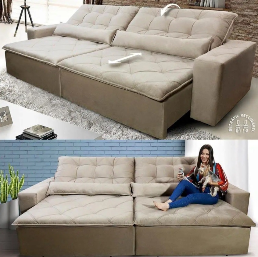 Sofá Retrátil/Reclinável Islândia 2,50m Suede Velut Bege c/ Molas no Assento – King House