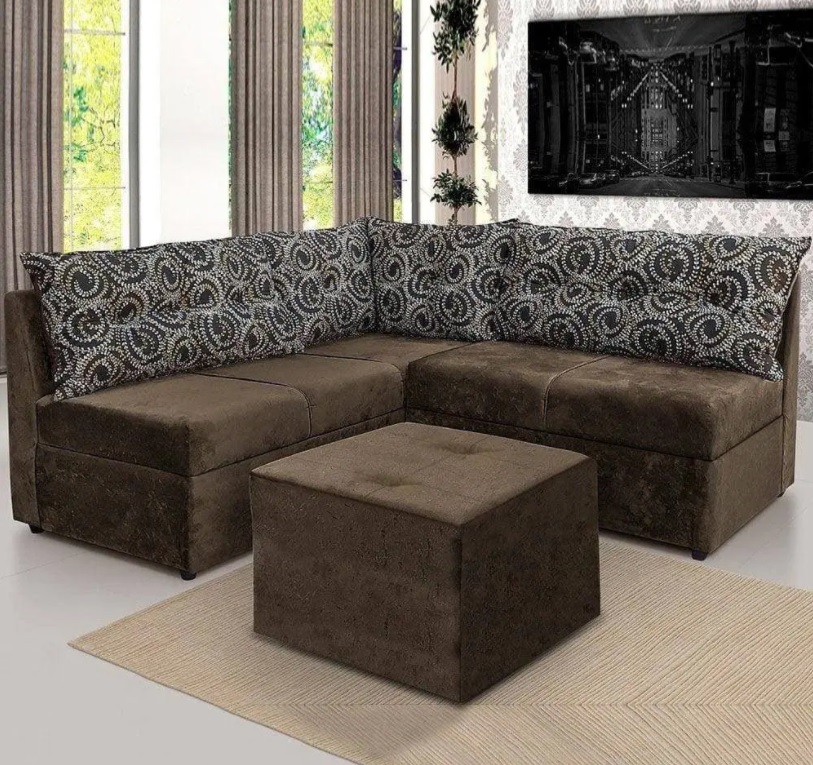 Sofá de Canto Renaut c/Puff Mamflex Suede Marrom / Flor
