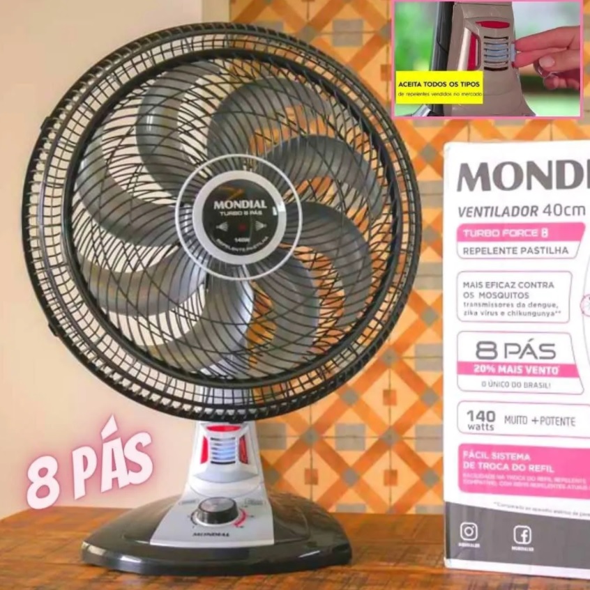 Ventilador de Mesa Mondial Turbo Force Repelente Pastilha VT-RP-03-8P-NP 40cm 8 Pás 3 Velocidades Preto 110V