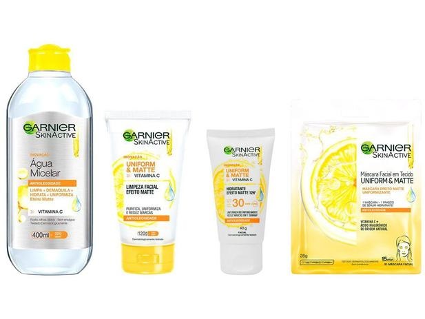 Água Micelar Garnier + Sabonete Facial Skin – Active + Creme Hidratante Facial + Máscara Facial