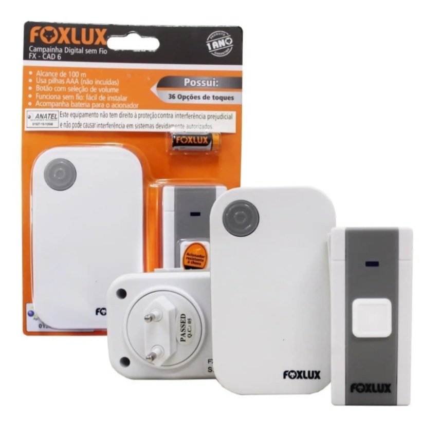 Campainha Digital sem Fio Foxlux – 36 toques – Bivolt – 1 Campainha + 1 Acionador + 1 Bateria p/acionador – Resistente a chuva – Alcance até 100m – Branco