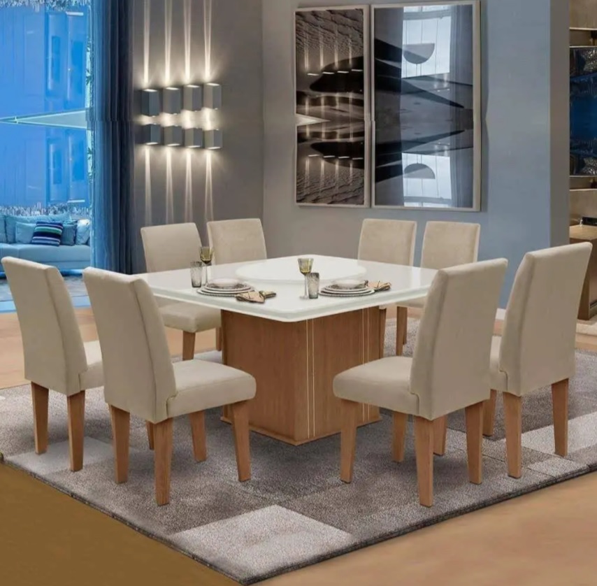Conjunto Sala de Jantar Mesa Tampo Giratório 8 Cadeiras Siena Amsterdã Dobuê Cedro Off Areia