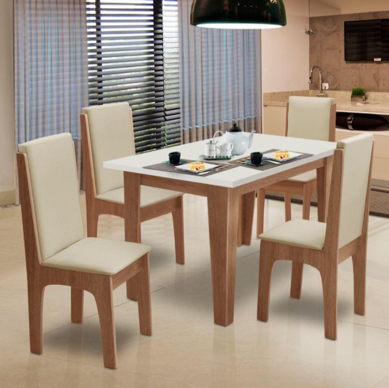 Conjunto de Mesa Miami 1,20m com 4 Cadeiras Cedro/Off White
