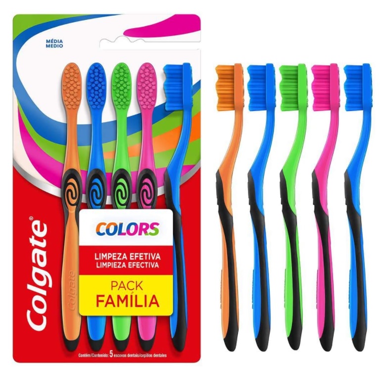 Escova Dental Colgate Colors 5 unid, Colgate, Verde, Azul, Rosa e Laranja
