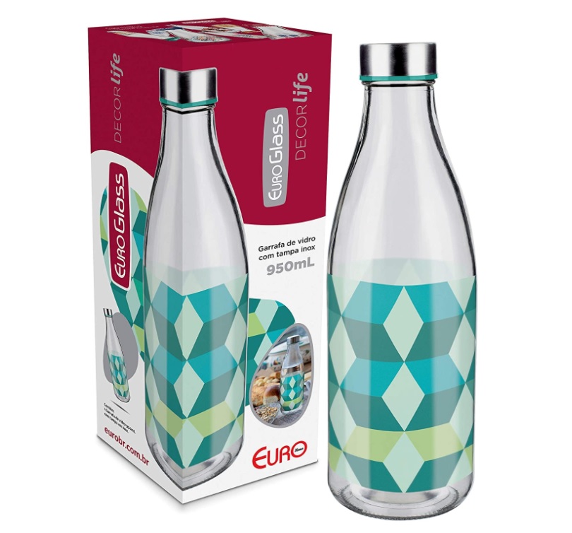 Garrafa de Vidro 950 ml Decoração Geométrico, VDR8028, Euro Home