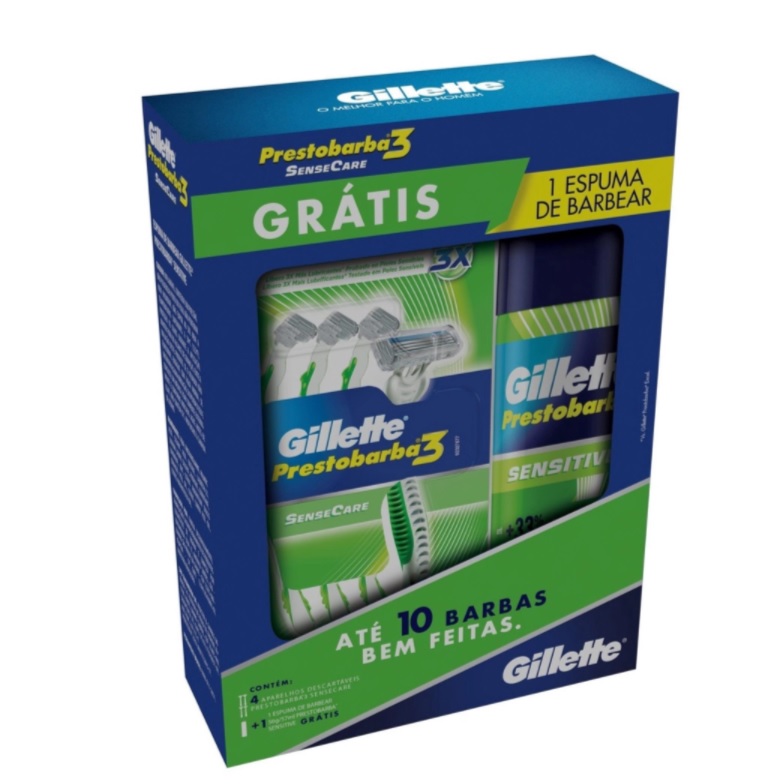 Kit Aparelho de Barbear Gillette Prestobarba3 Sensecare c/4 Unidades – Grátis Mini Espuma