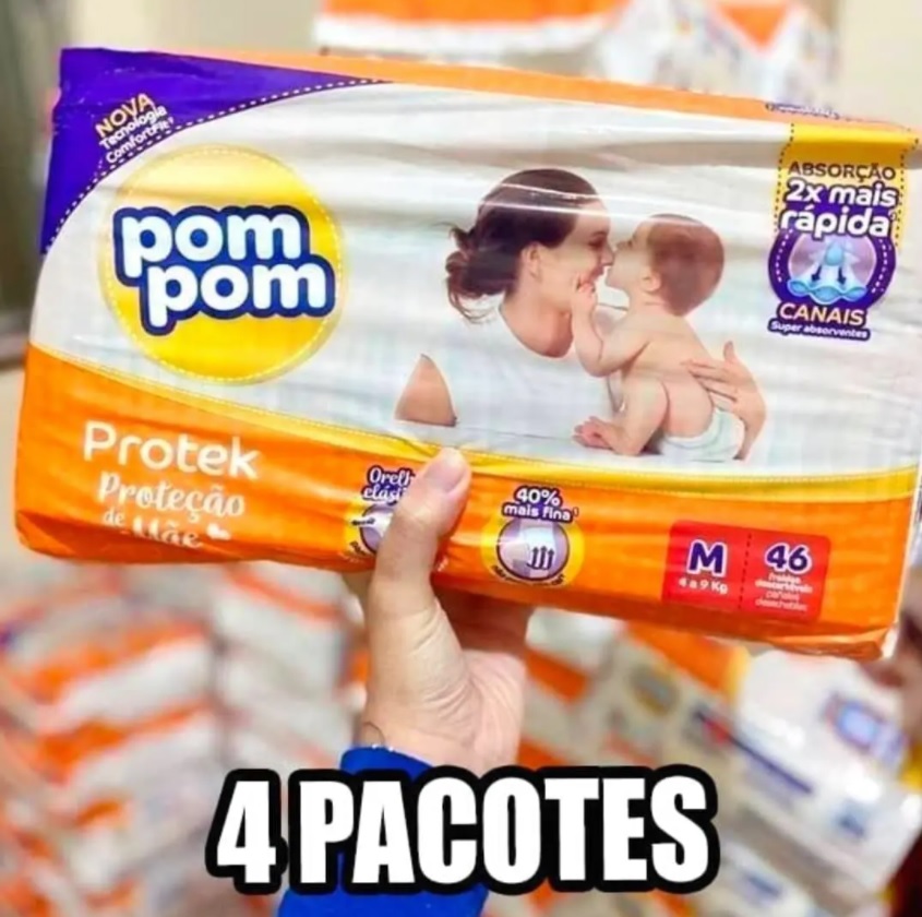 Kit Fraldas Pom Pom Protek Proteção de Mãe 4 pacotes (Tam. M 184 un. – G 160 un. – XG 144 un. – XXG 104 un.)
