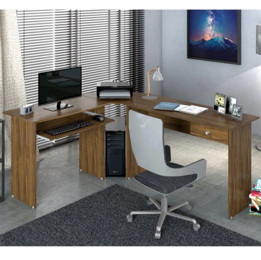 Mesa para Escritório em L 1 Gaveta Max Zanzini Marrom Chocolate