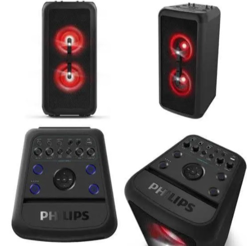 Party Speaker Philips bluetooth com 2 falantes, luzes de led, bluetooth, usb, auxiliar, entradas para microfone e guitarra e energia para 14h TANX200/78