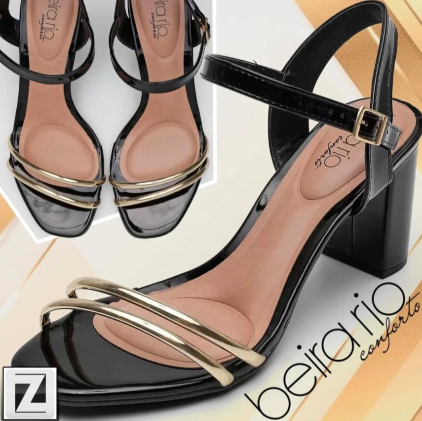 Sandália Beira Rio Salto Alto Tira Metalizada Feminina – Preto