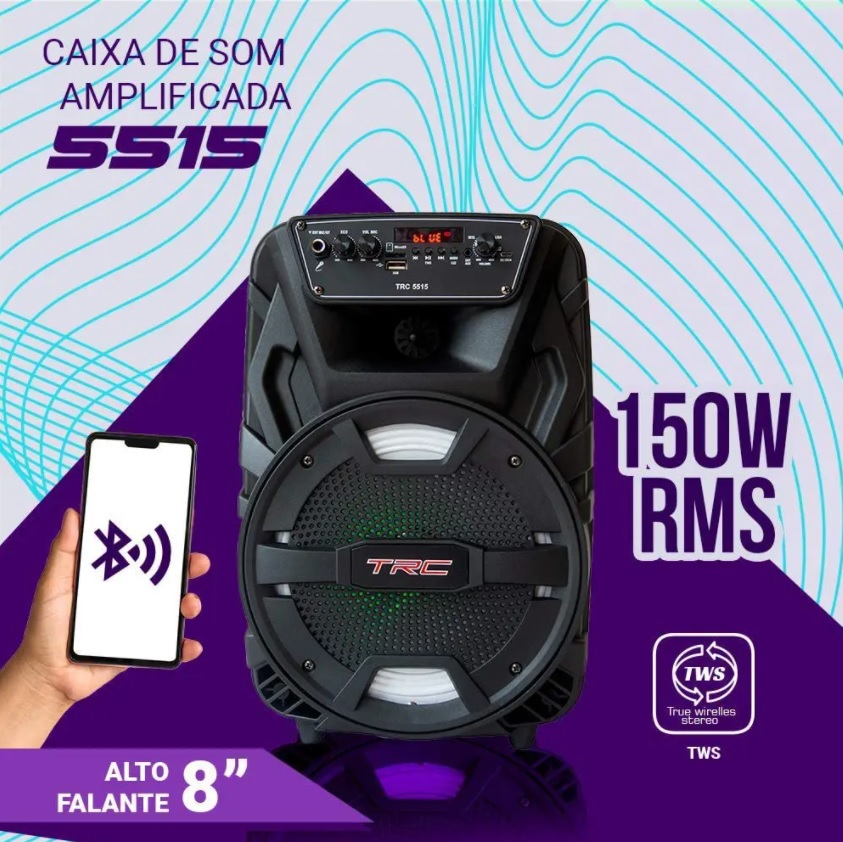 Caixa de Som Amplificada Portátil TRC 5515 com Bluetooth, Entrada USB, Iluminação em Led e TWS – 150W RMS, preto
