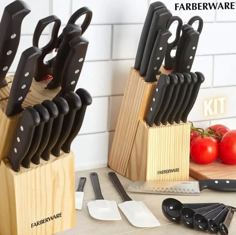 Conjunto de 22 peças de facas e utensílios de cozinha Farberware de aço inoxidável de alto carbono, preto
