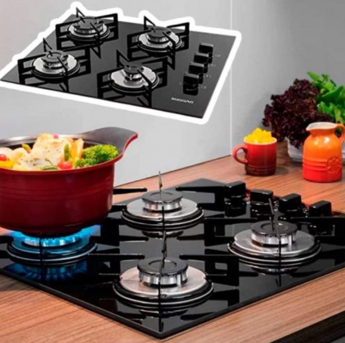 Cook Top à gás 4 bocas vidro preto Suggar