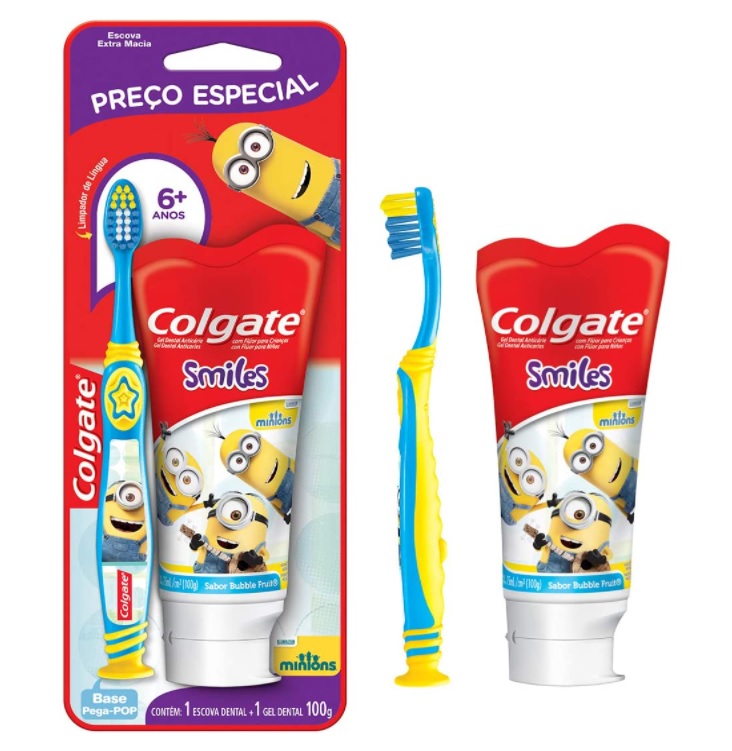 Escova de Dente + Creme Dental Infantil Colgate Smiles 2 unid Escova de dente + Creme Dental Minions 100ml com Preço Especial