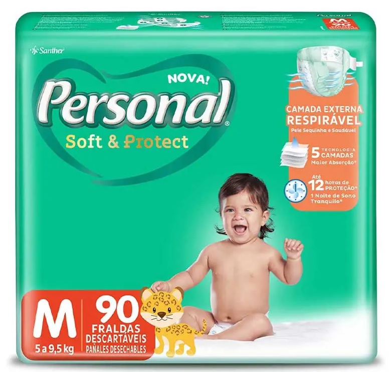 Fralda Descartável Soft and Protect Hiper, Personal, Média, 90 unidades (Embalagem pode variar)