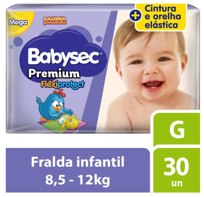 Fraldas descartáveis Babysec Premium Galinha Pintadinha Flexi Protect, 30 Unidades, Tamanho G 8,5 – 12 Kg
