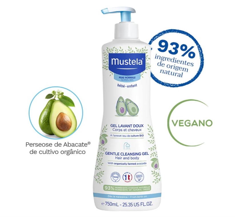 Gel Lavante Suave com Abacate Orgânico Mustela, Sabonete Líquido Corpo e Cabelo para bebês, 93% de ingredientes de origem natural, 750ml, Mustela Bebê