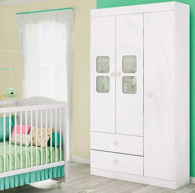 Guarda-roupa Infantil 3 Portas 2 Gavetas – Móveis Estrela Almendra Xodó