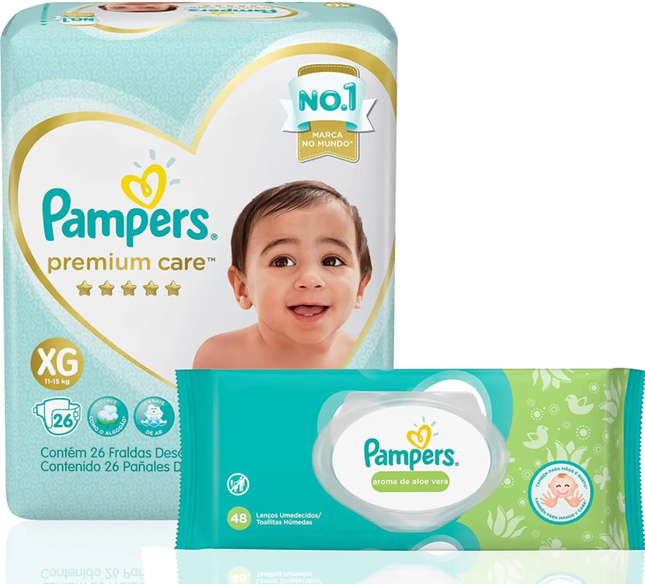 Kit Fralda Pampers Premium Care XG 26 Un + Lenços Umedecidos Aloe Vera 48 Un