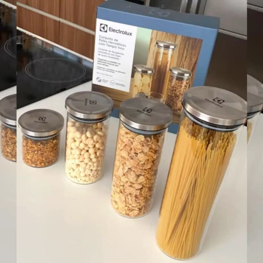 Kit Potes de Vidro Hermético, 4 unidades, Tampa Inox, Electrolux
